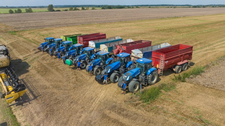 A betakarítást kiszolgáló New Holland traktorflotta, Vargáék gazdaságában New Holland traktorok